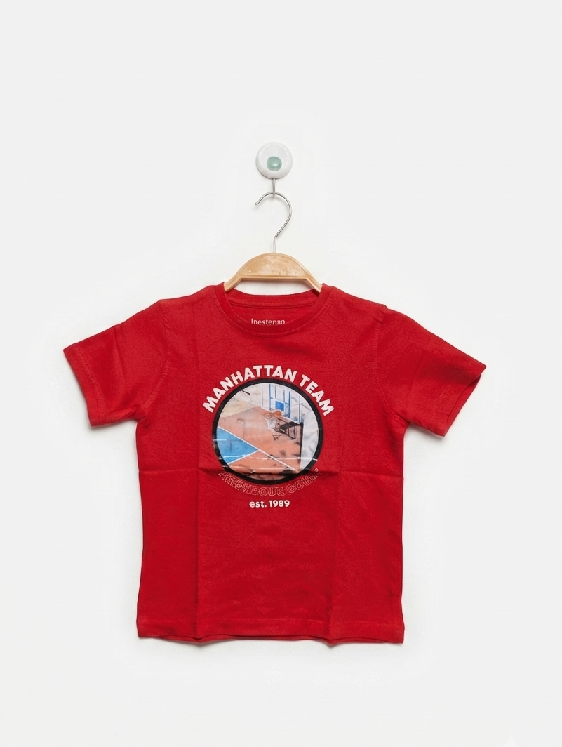 Inextenso Boys Red "Manhattan Team" Basketball Graphic Tee - Size 5 Years (Estimated Age 5 Years) AB2