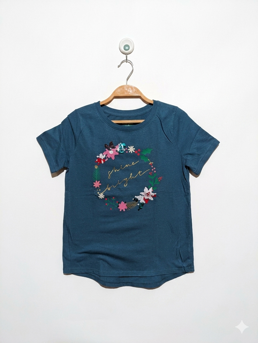 Cat & Jack Girls Teal "Shine Bright" Graphic Tee - Size Estimated Age 10-12 Years AB2