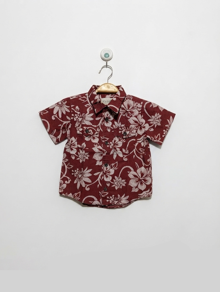 Old Navy Boys Red Tropical Floral Print Short Sleeve Button-Down Shirt - Size Estimated Age 18-24 Months AB2