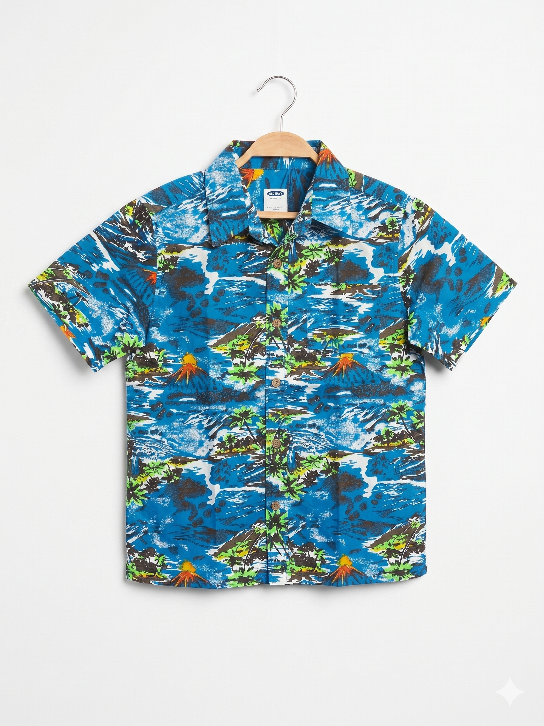 Old Navy Boys Blue "Volcano & Tropical Island" Short Sleeve Button-Down - Size 11 to 12 AB1