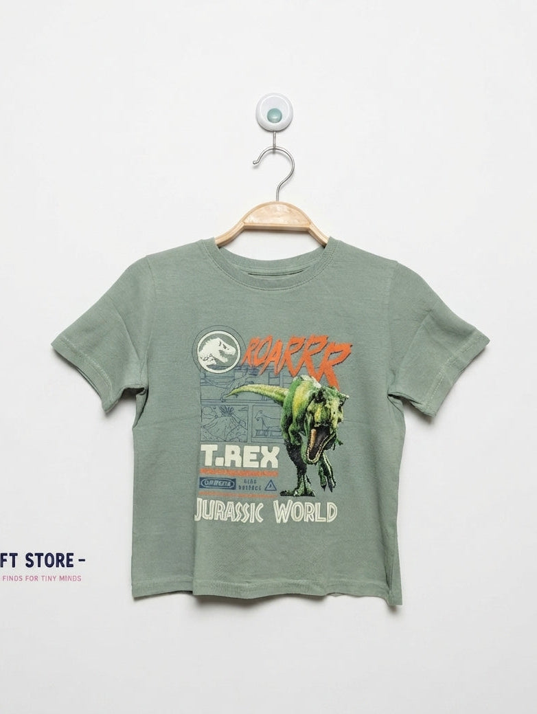 Jurassic World Boys Sage Green "T-Rex Roar" Short Sleeve Tee - Size Estimated Age 6 Years AB2