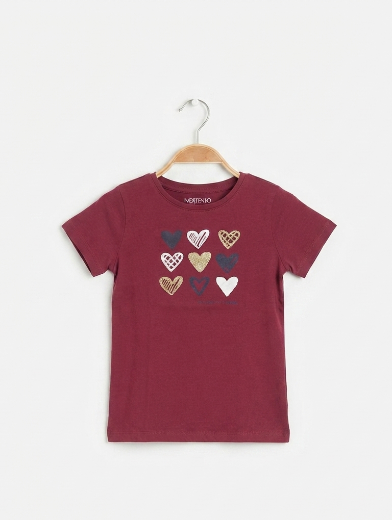 InExtenso Girls Maroon "Heart Pattern" Graphic Tee - Size 5 Years (Estimated Age 5 Years) AB2