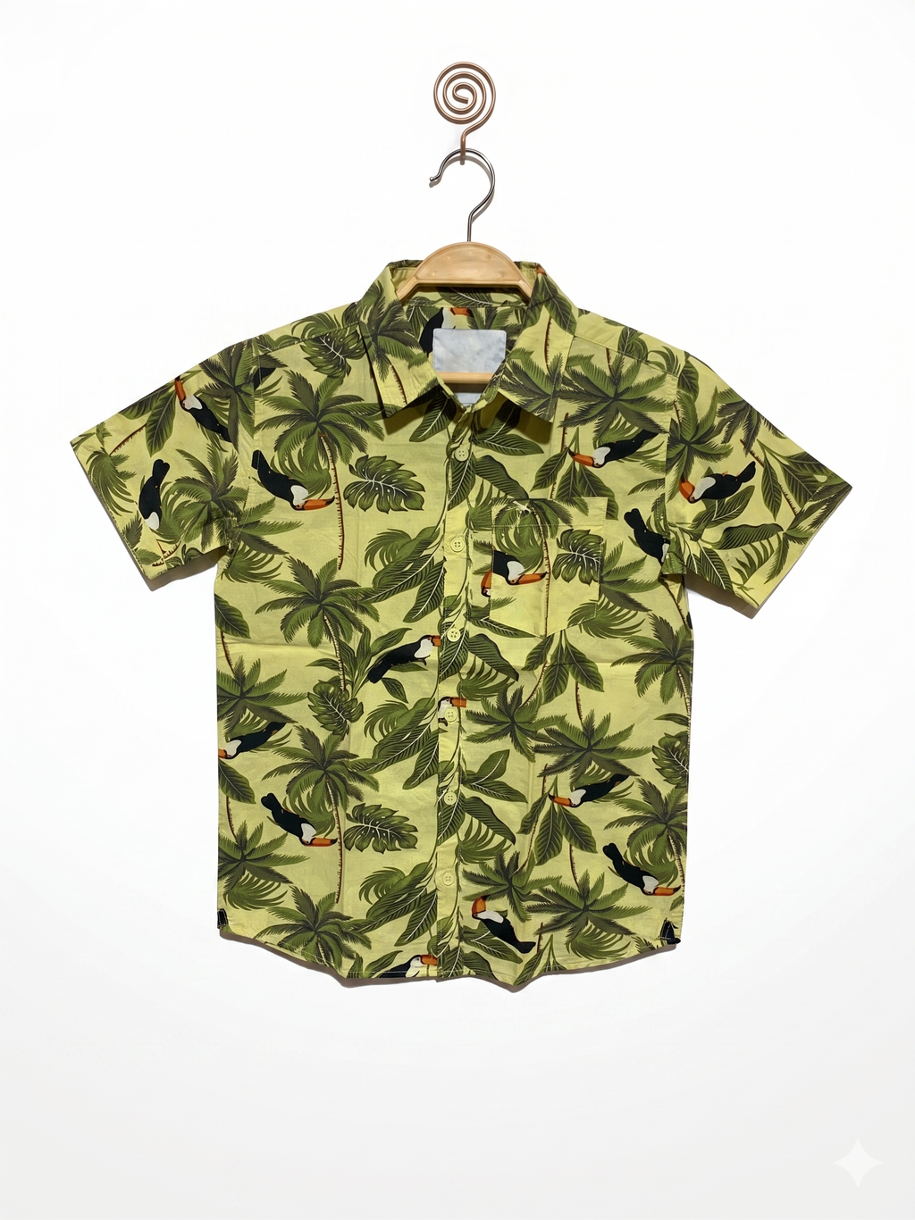Lager 157 Boys Lime Green Tropical Toucan & Palm Print Short Sleeve Shirt - Size Estimated Age 10 Years AB1