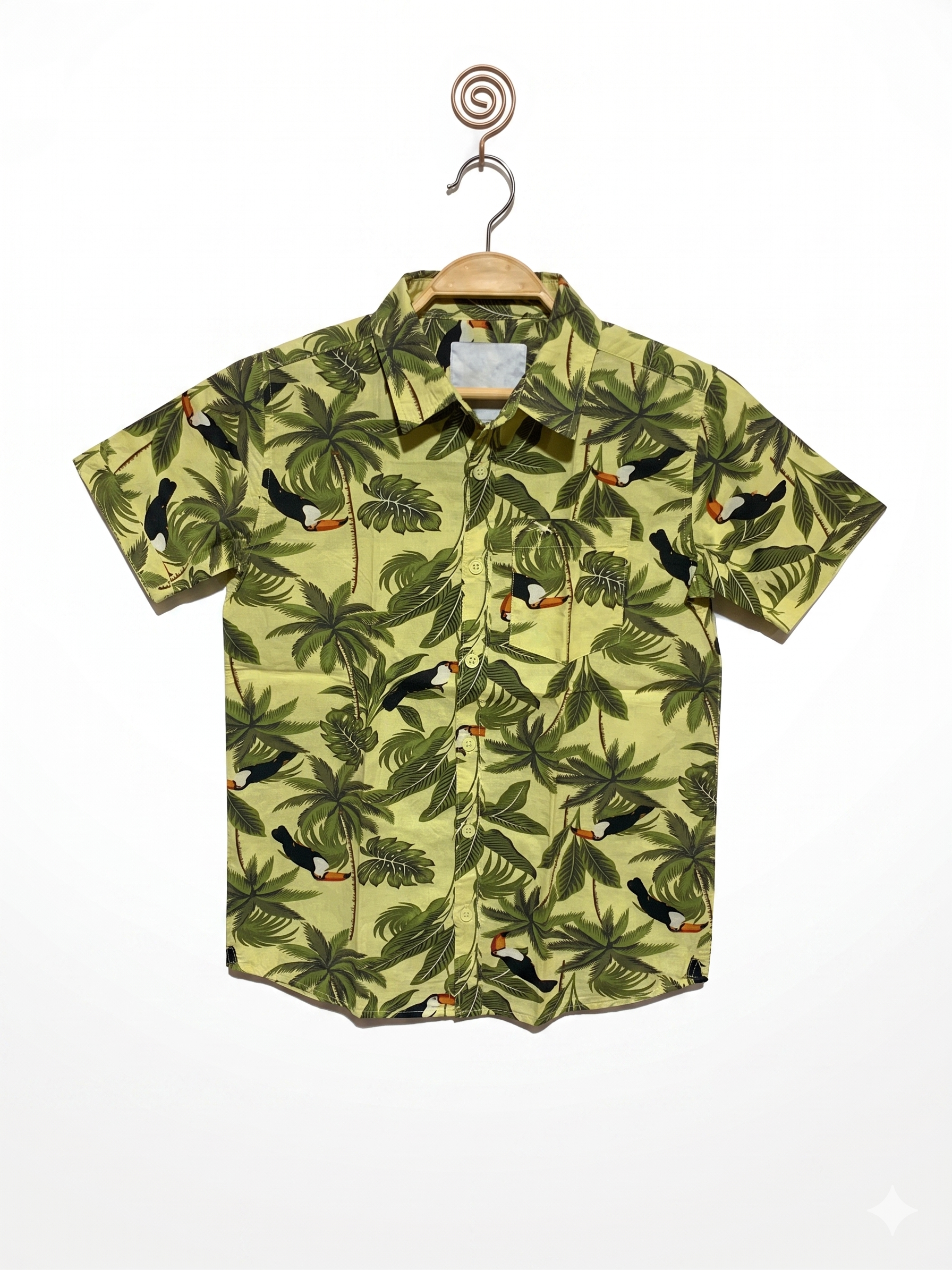 Lager 157 Boys Lime Green Tropical Toucan & Palm Print Short Sleeve Shirt - Size Estimated Age 10 Years AB1