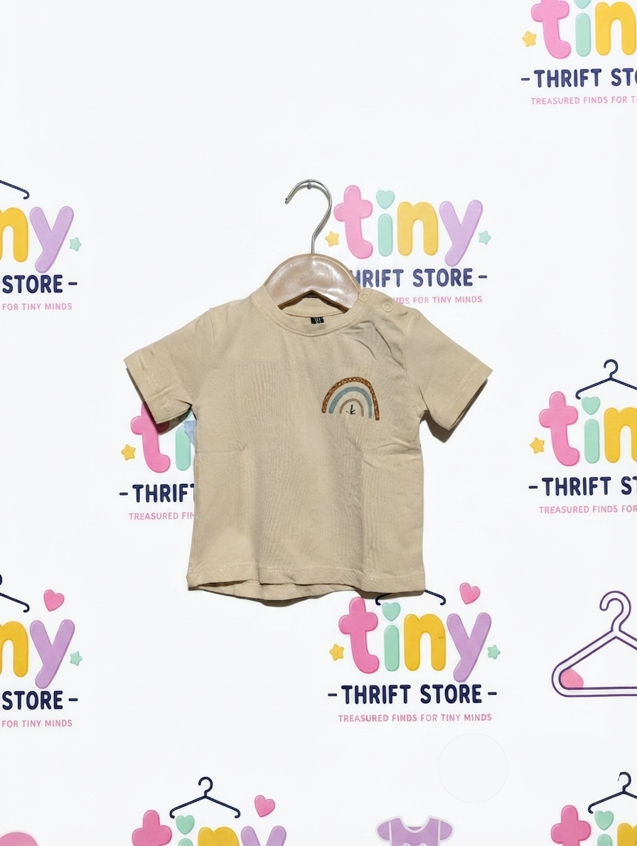Newborn Unisex But Preffer As Girls Beige Rainbow Embroidered Short Sleeve Tee - Size Estimated Age 2-4 Months AB2