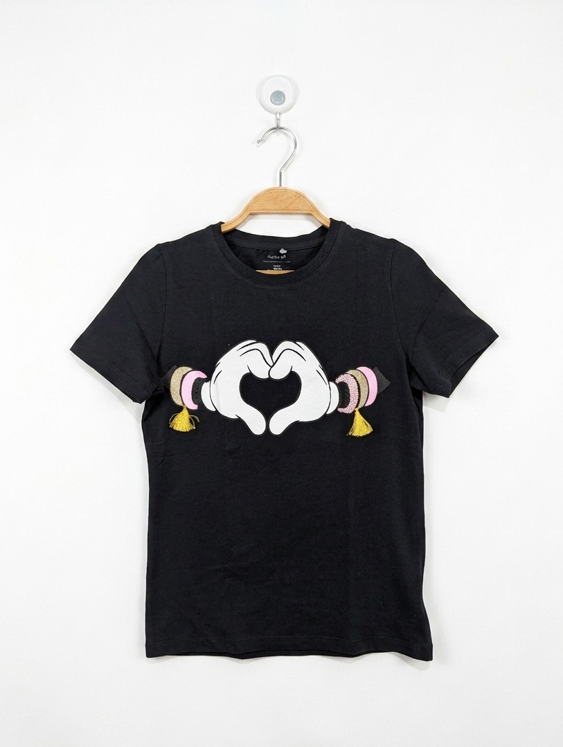 Name It Girls Black "Heart Hands" Graphic Tee - Size Estimated Age 11-12 Years AB2