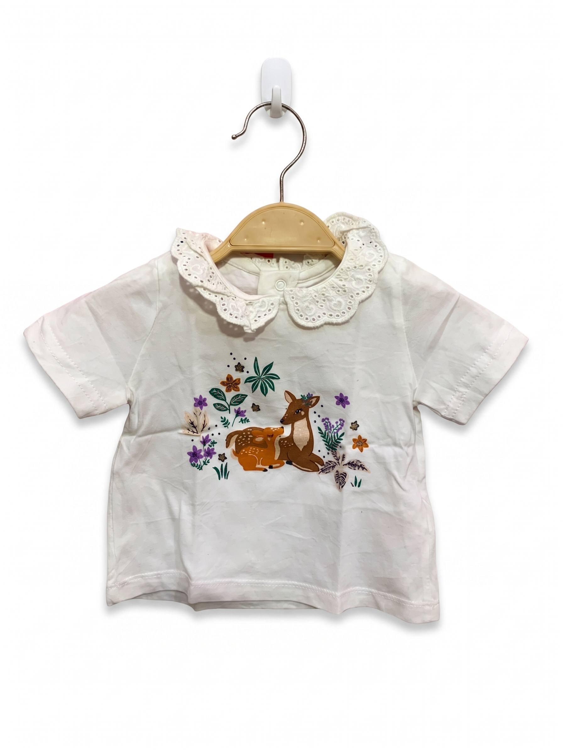 Du Pareil au Meme baby clothes, DPAM baby girl tee, white lace collar baby shirt, deer graphic infant top, French brand baby clothing, size 6 month baby girl clothes, embroidered baby tee.