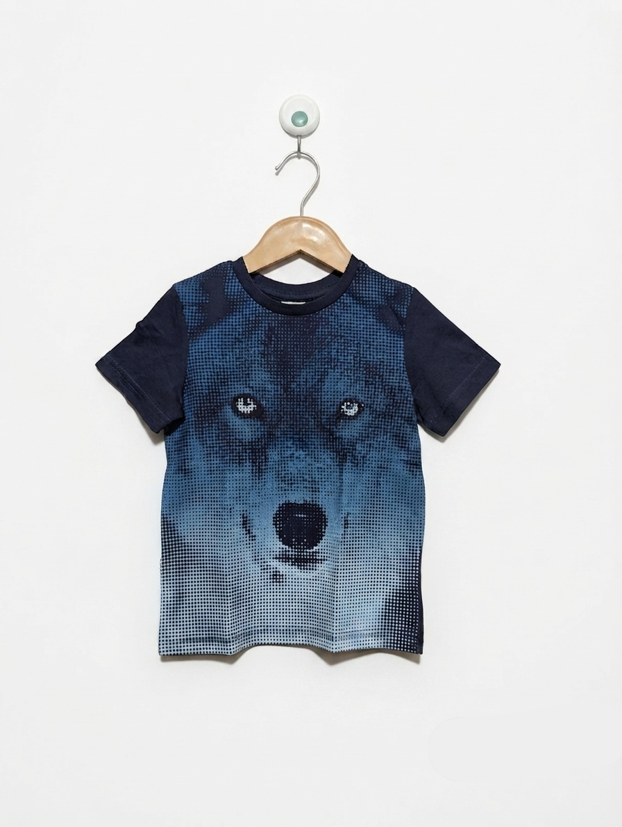 Palomino Boys Navy Blue & Blue Wolf Graphic Short Sleeve Tee - Size Estimated Age 3 Years AB2