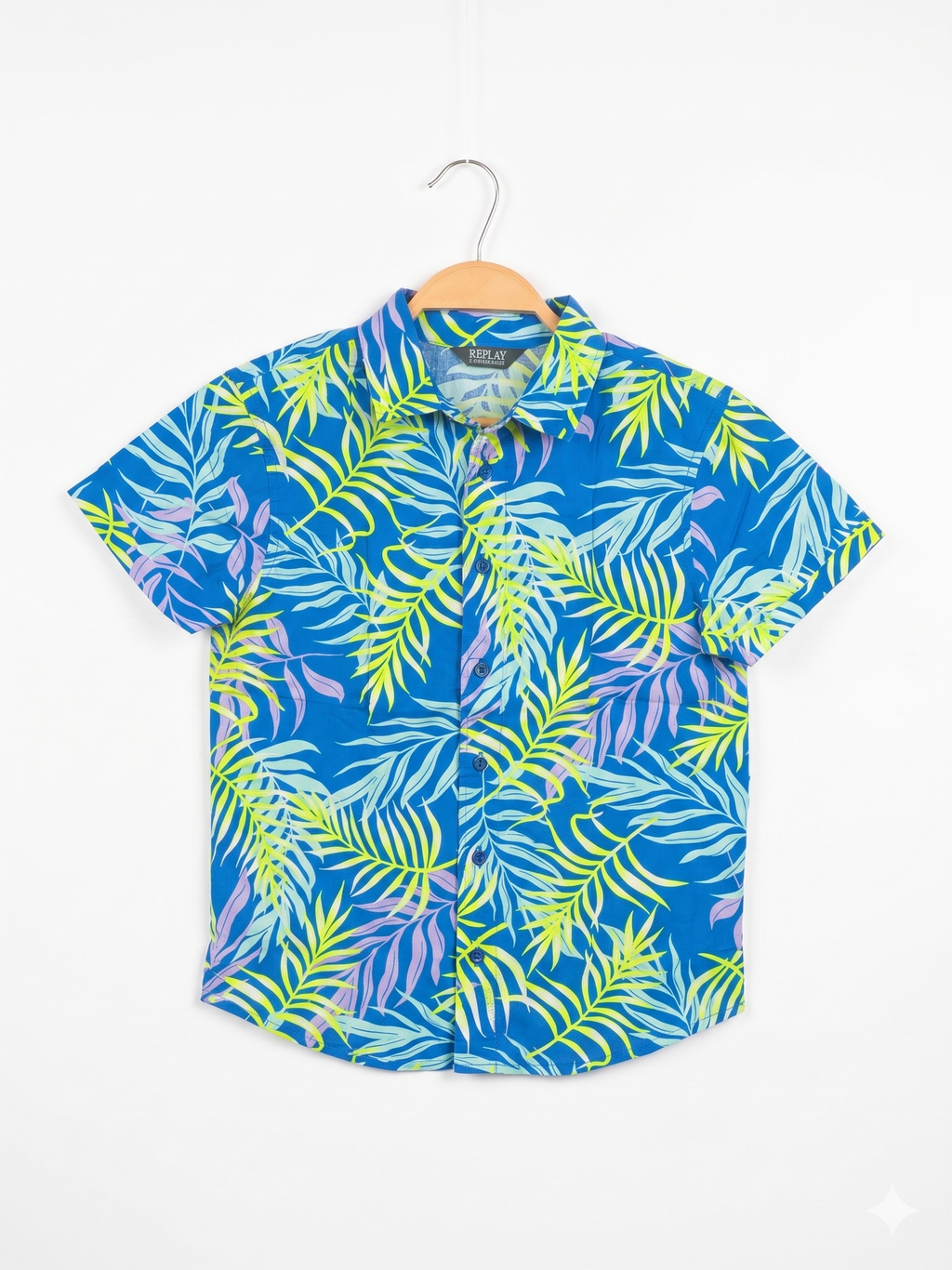 Primark Boys Royal Blue "Vibrant Palm" Short Sleeve Button-Down Shirt - Size Estimated Age 8-9 Years AB1