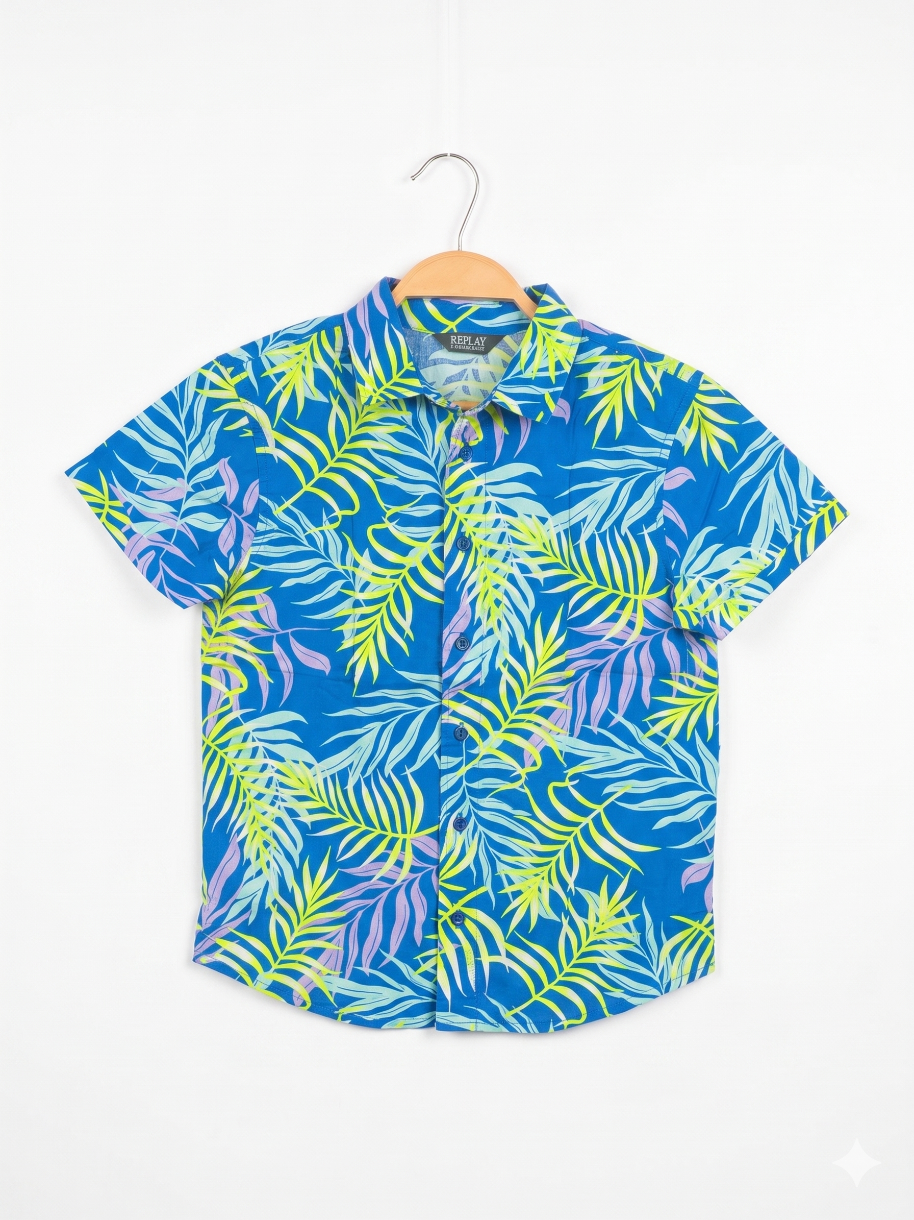 Primark Boys Royal Blue "Vibrant Palm" Short Sleeve Button-Down Shirt - Size Estimated Age 8-9 Years AB1
