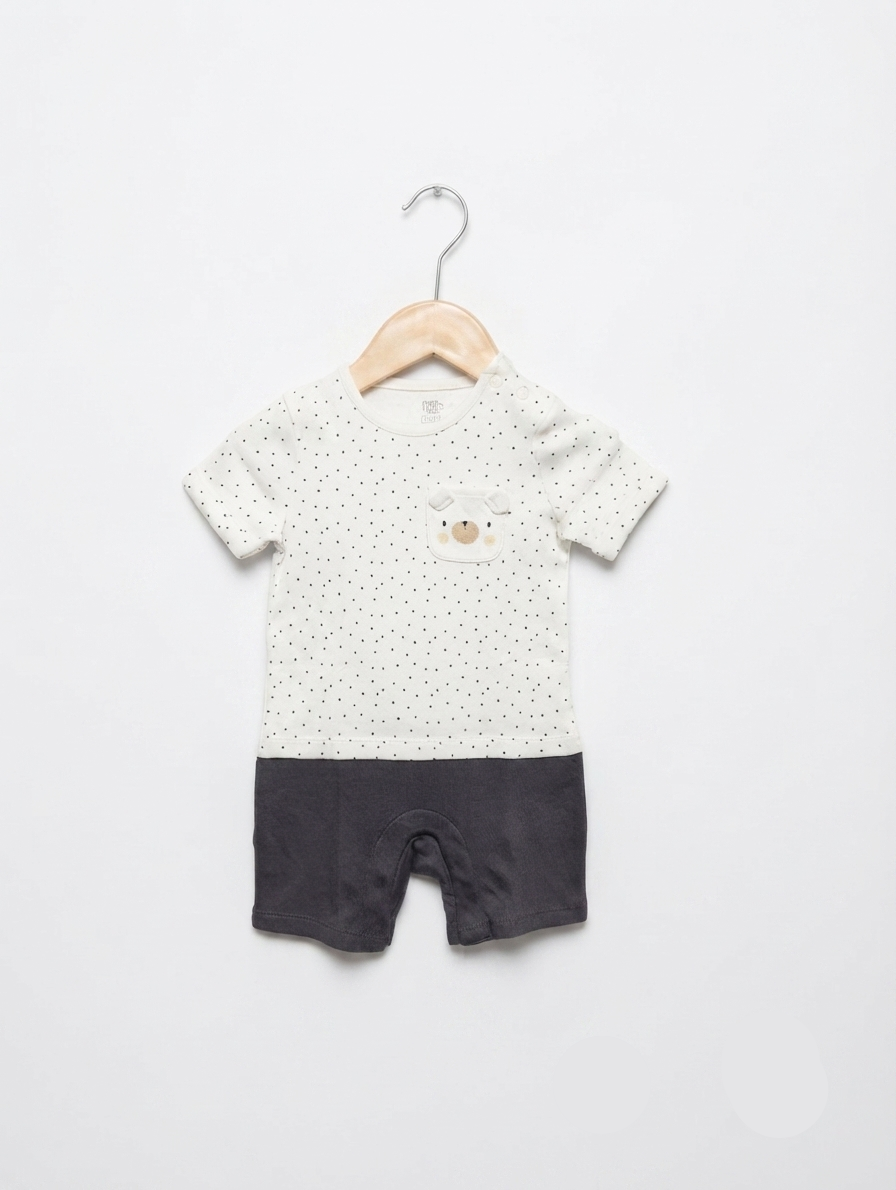 Fred & Flo Boys White and Charcoal Polkadot Romper - Size Estimated Age 9 to 12 Months AB2