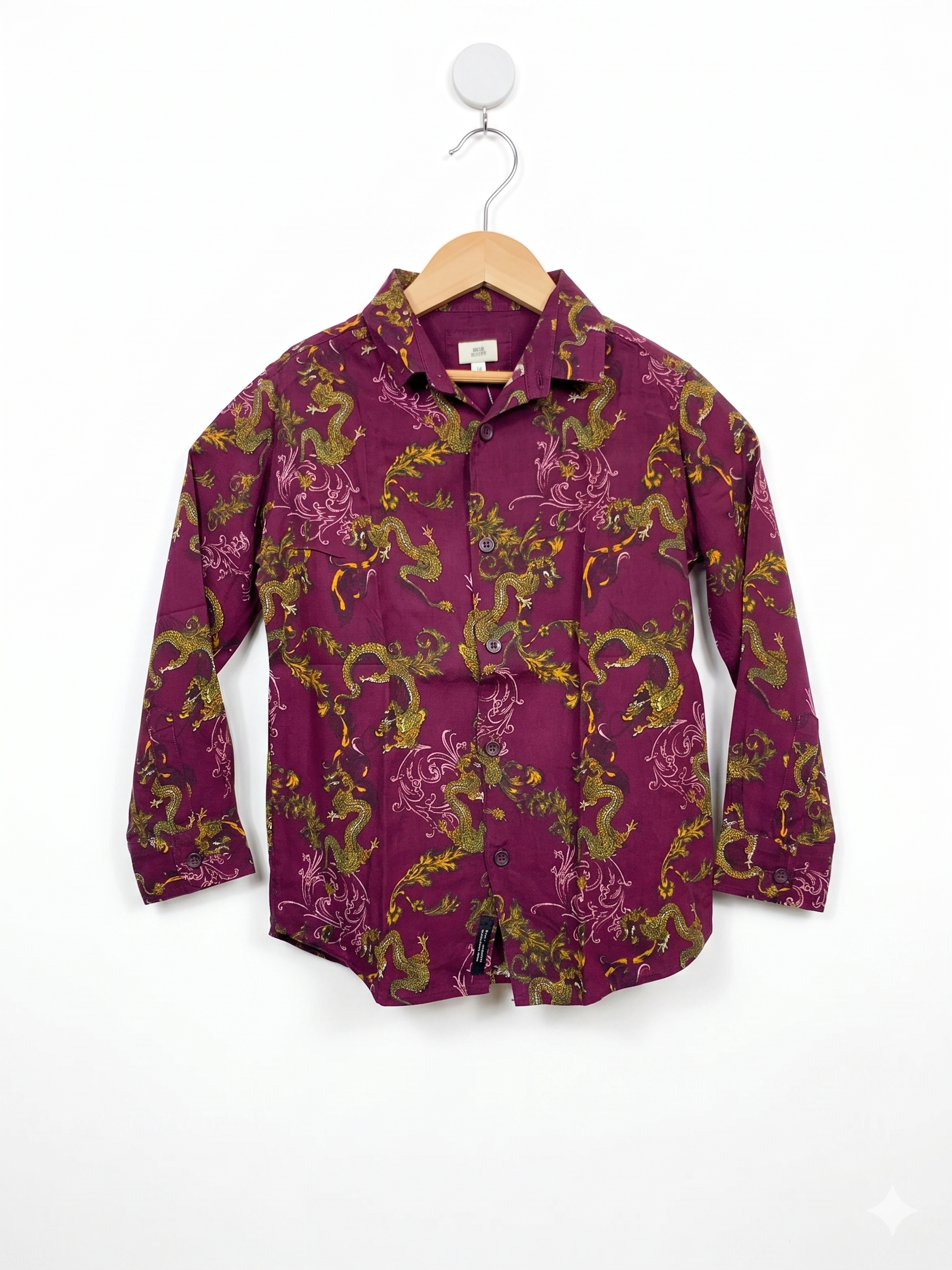 River Island Boys Maroon Dragon Print Button-Down Shirt - Size 116 (Estimated Age 5-6Y) AB1