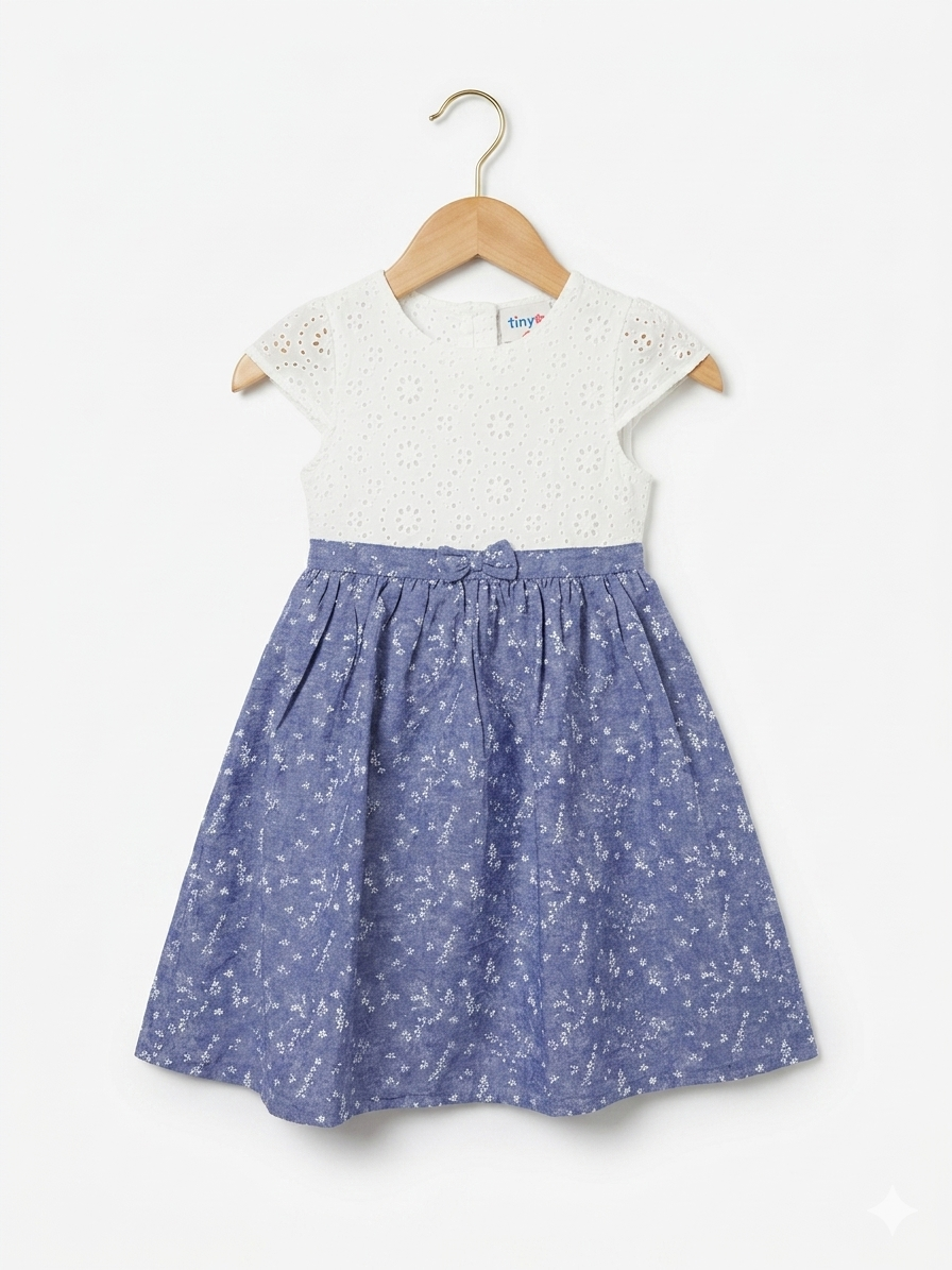 Topolino Girls' White Eyelet & Blue Floral Party Dress - Size 5-6 Years AB1