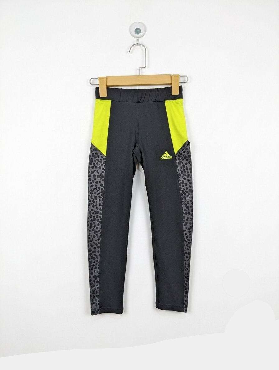 Adidas Girls Black & Neon Yellow "Leopard Print" Athletic Leggings - Size 8-9 Years (Estimated Age 8-9 Years) AB2