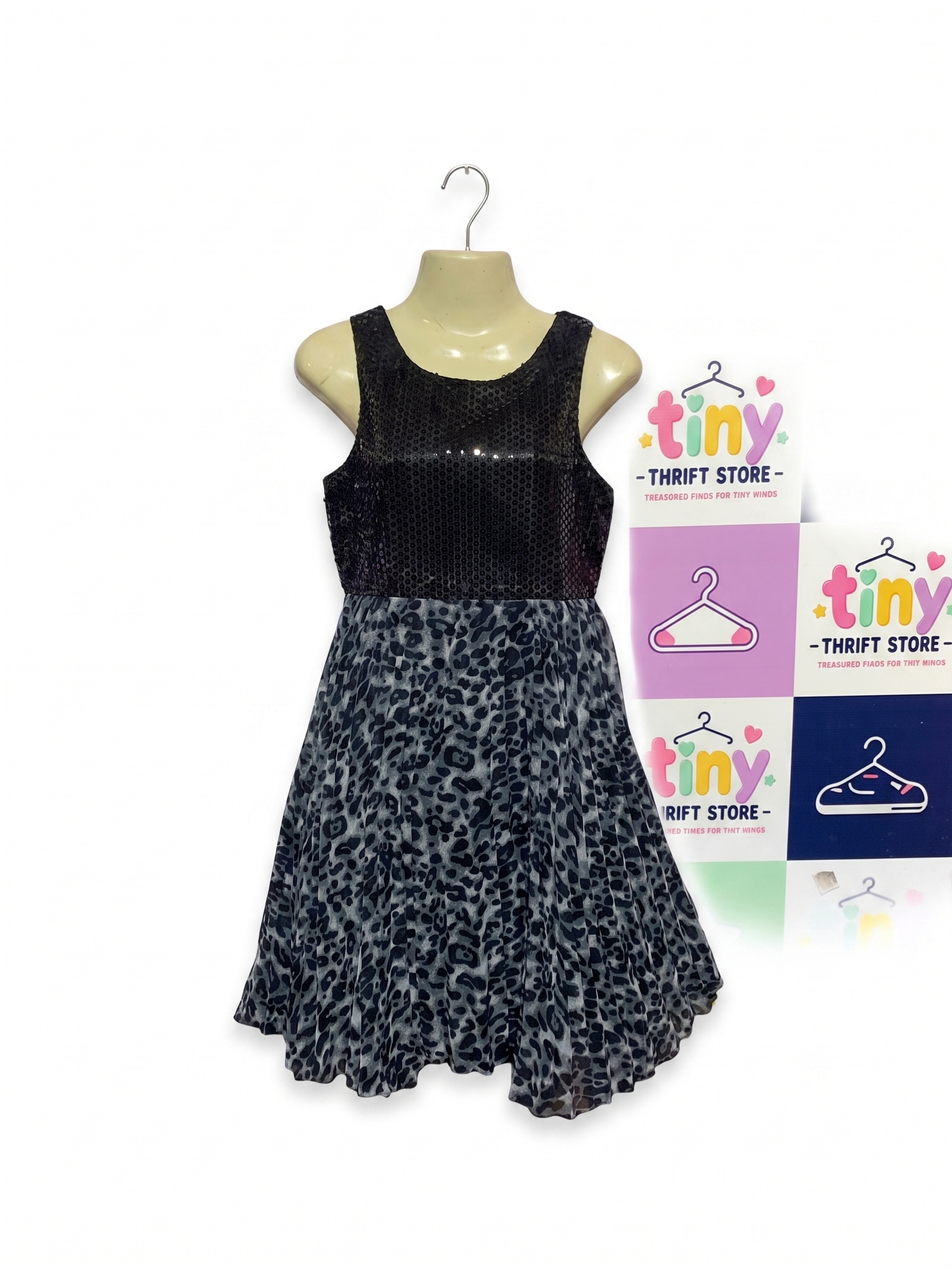 Bloome de Jeune Fille Girls Black Sequin & Grey Leopard Print Pleated Party Dress - Size 12 (Estimated Age 11-12 Years) AB1