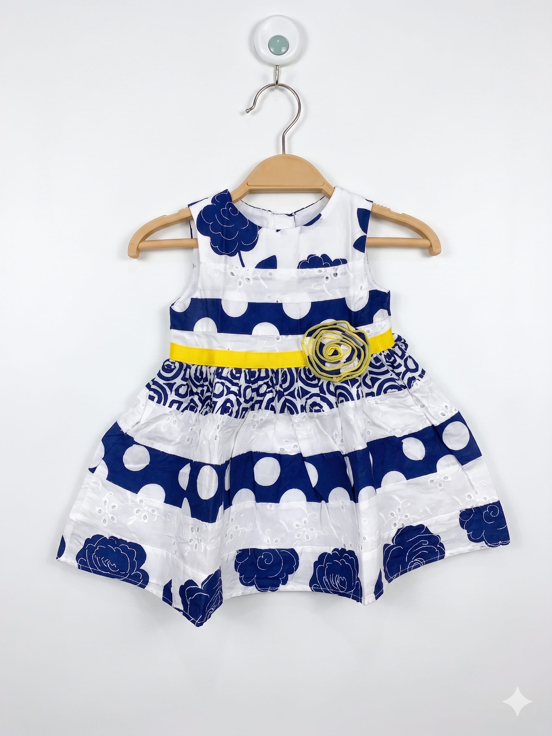 Youngland Baby Girls Navy & White Floral Polka Dot Dress with Eyelet Detail – Size 6/9M Ab1