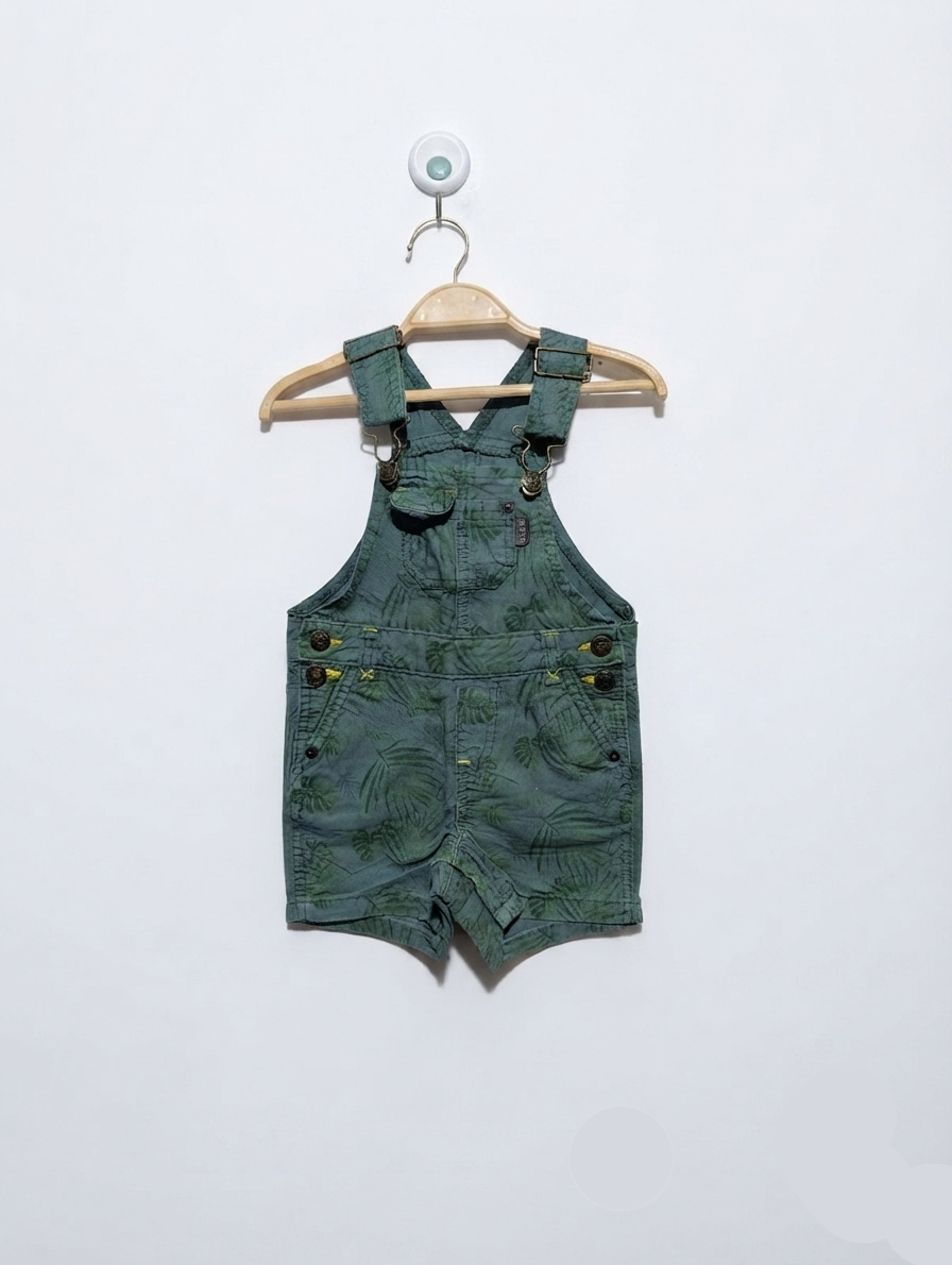 Prenatal Baby Boys Green Tropical Leaf Print Short Overalls - Size Estimated Age 6-9 Months AB2