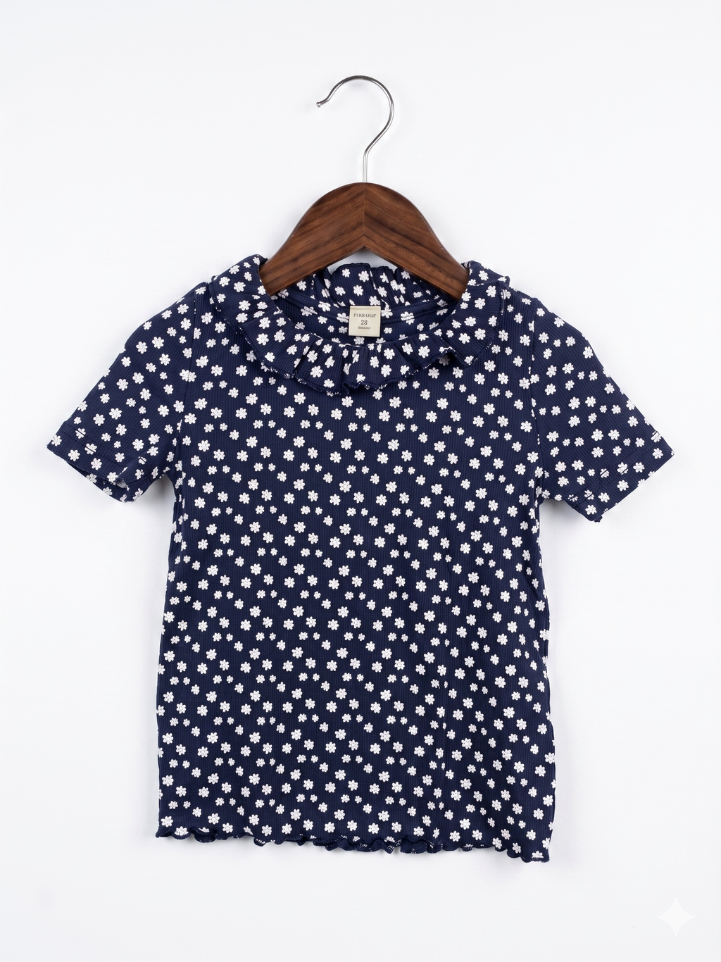 Tu Kids Navy Daisy Print Ruffle Neck Ribbed Top - Size 4-5 Years AB1