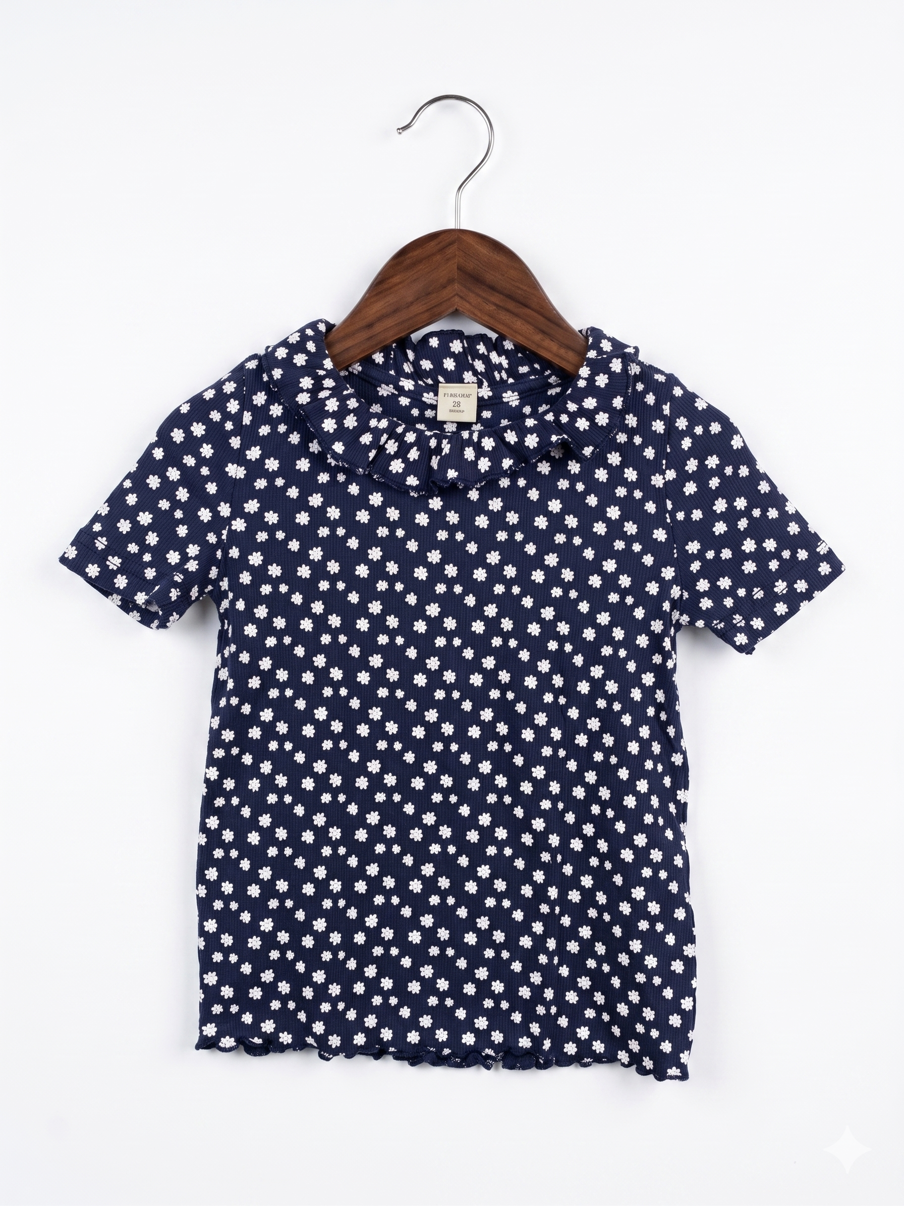 Tu Kids Navy Daisy Print Ruffle Neck Ribbed Top - Size 4-5 Years AB1