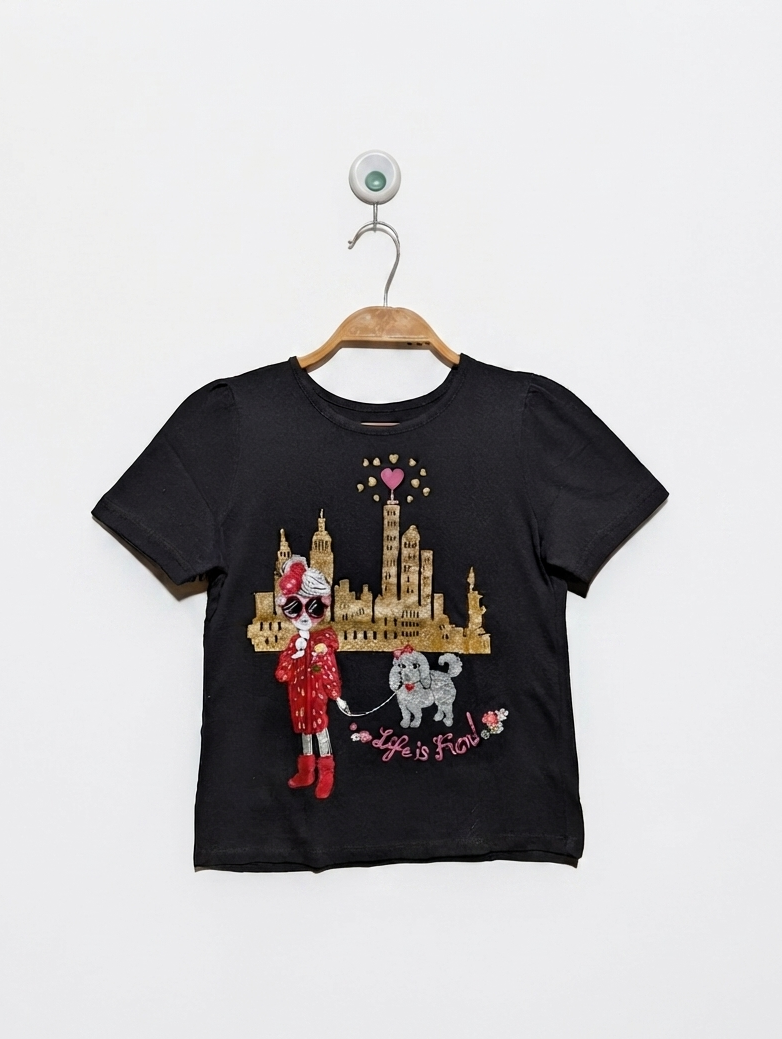 365 Kids from Garanimals Girls Black "Life is Fun" Graphic Tee - Size 7 (Estimated Age 7 Years) AB2
