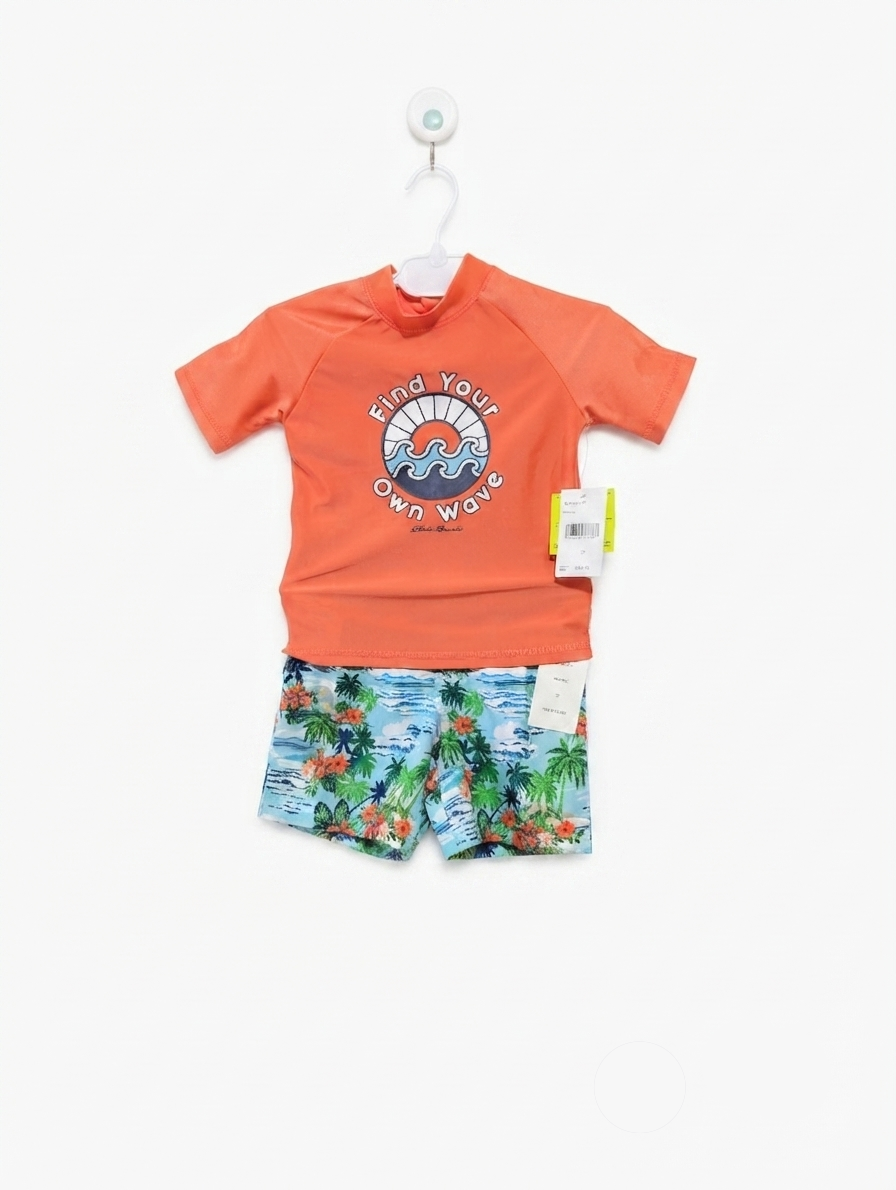 Eddie Bauer Kids Orange "Find Your Own Wave" Rash Guard and Tropical Swim Trunks Set - Size 2T Estimated Age 2 Years AB2