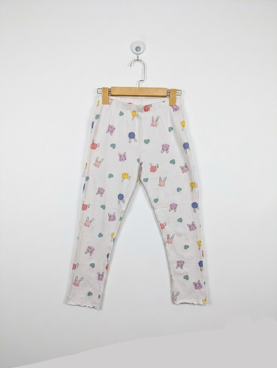 F&F Girls White "Cute Bunny & Heart" Printed Leggings - Size 9-10 Years (Estimated Age 9-10 Years) AB2