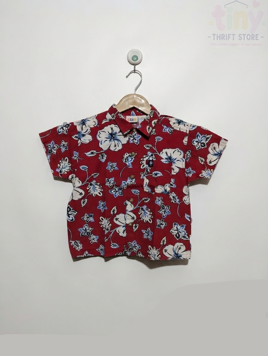 KRU Boys Red Tropical Hibiscus Floral Print Short Sleeve Button-Down Shirt - Size Estimated Age 4T AB2
