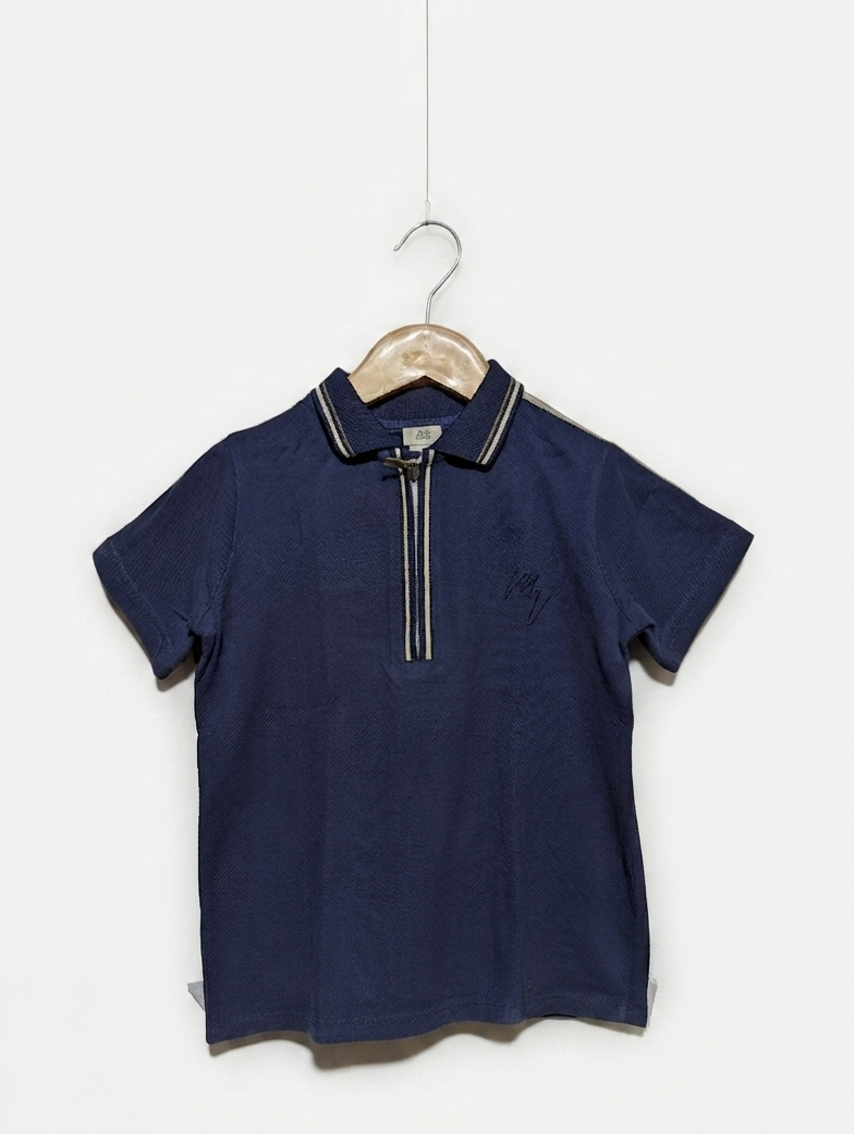 River Island Boys Navy Blue Zip-Up Polo Shirt - Size 5/6 Years (Estimated Age 5-6 Years) AB2