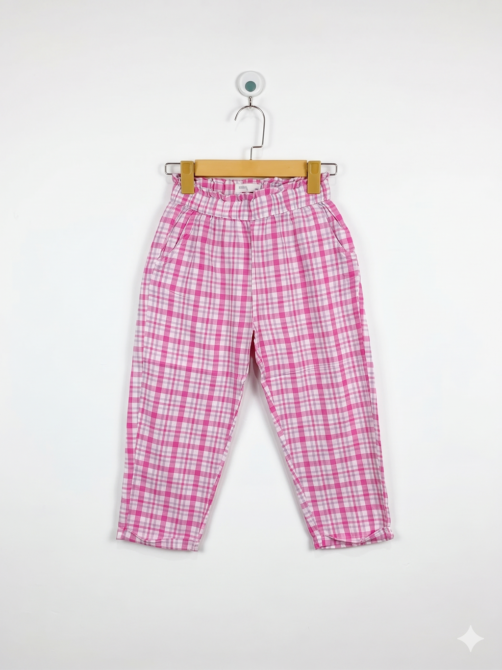 Outfitters Girls Pink and White Gingham Plaid Paperbag Trousers - Size Estimated Age 8-9 Years AB1