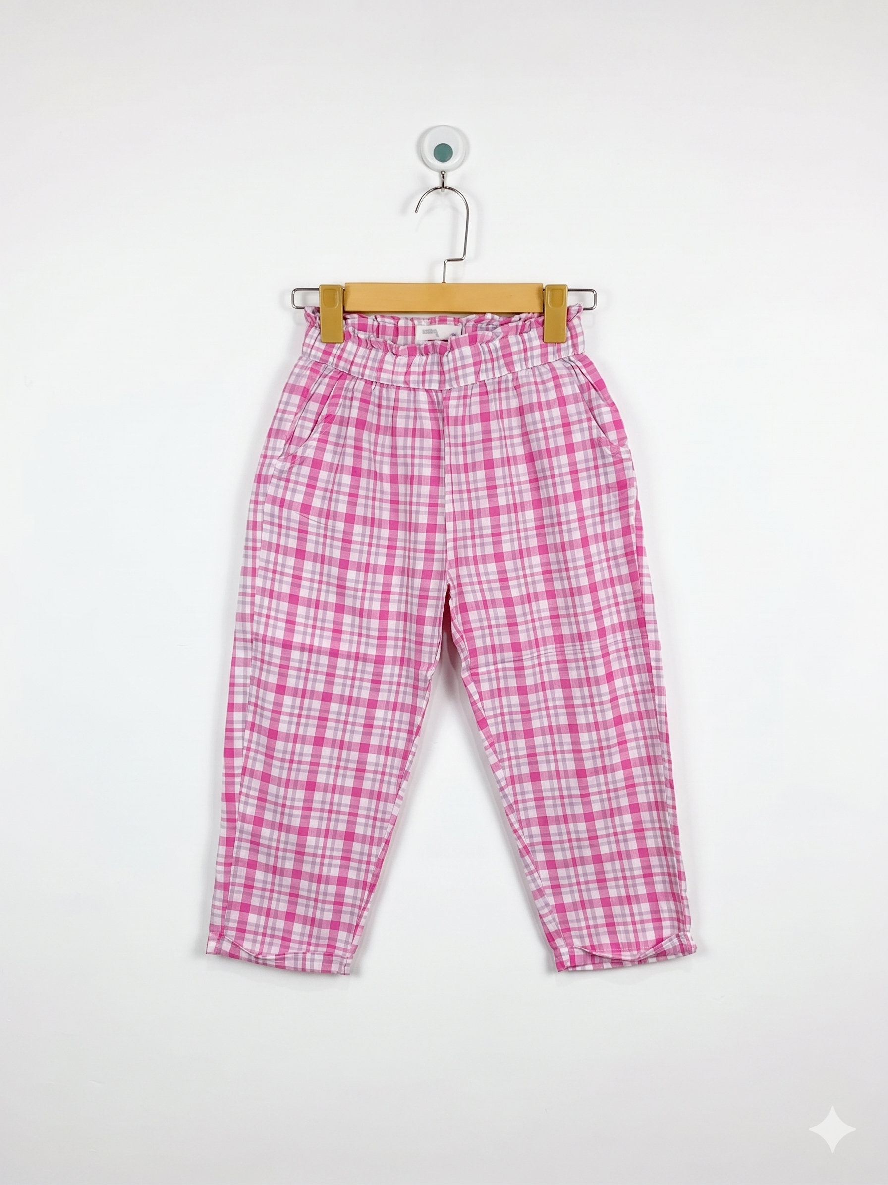 Outfitters Girls Pink and White Gingham Plaid Paperbag Trousers - Size Estimated Age 8-9 Years AB1