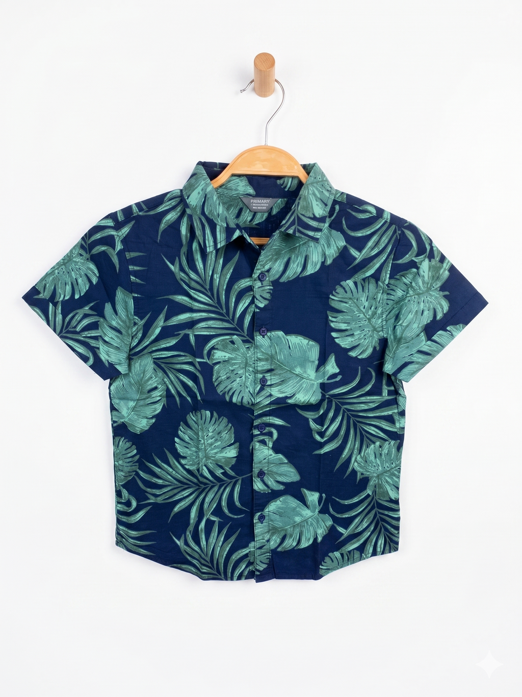 Primark Boys Navy Blue Tropical Monstera Leaf Print Short Sleeve Button-Down Shirt - Size Estimated Age 9-10 Years AB1