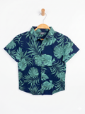 Primark Boys Navy Blue Tropical Monstera Leaf Print Short Sleeve Button-Down Shirt - Size Estimated Age 9-10 Years AB1