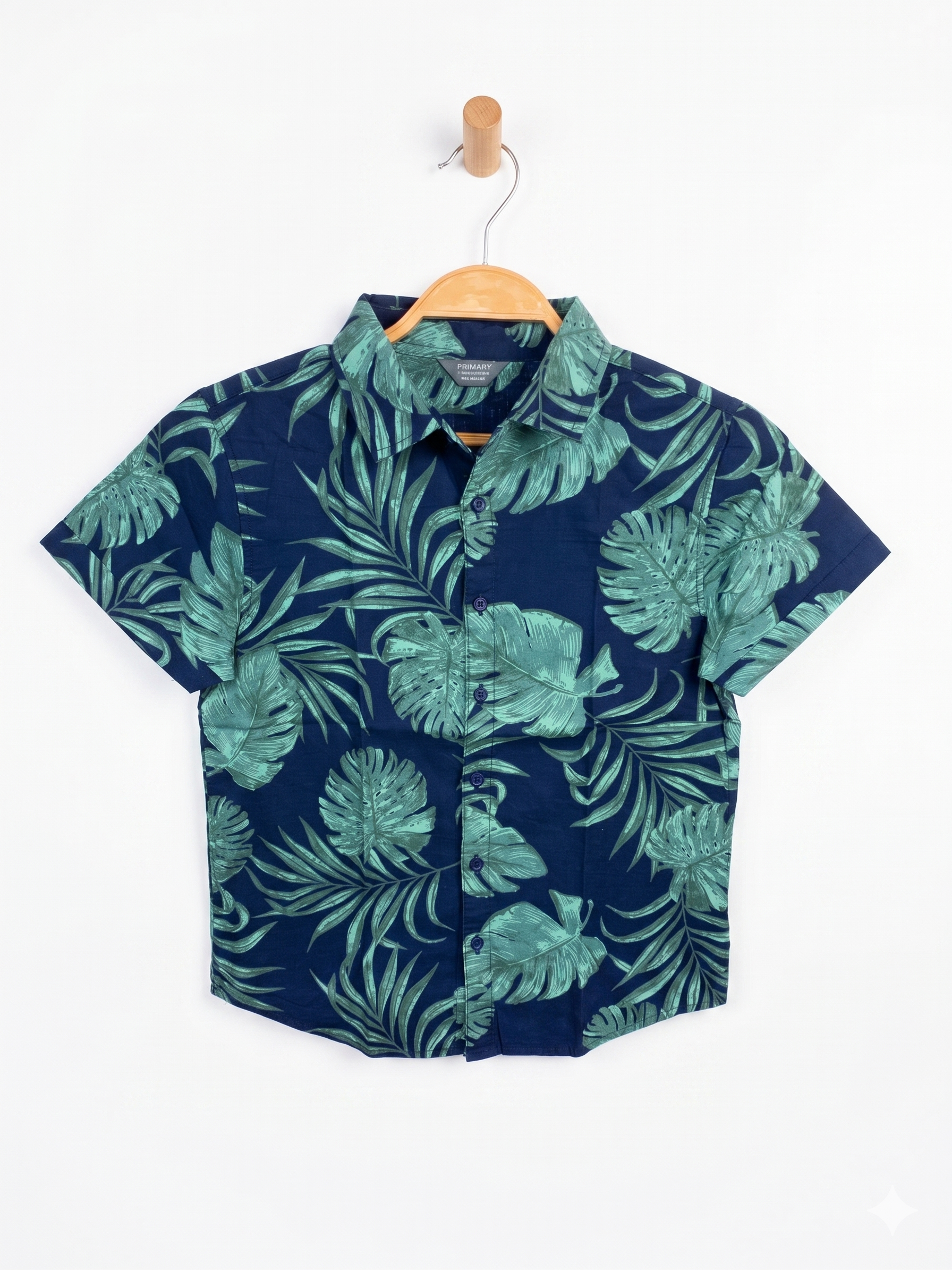Primark Boys Navy Blue Tropical Monstera Leaf Print Short Sleeve Button-Down Shirt - Size Estimated Age 9-10 Years AB1