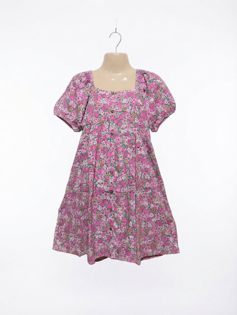 NEXT Girls Pink & Green Floral Print Square-Neck Dress - Size 10 Years Estimated Age 10 Years AB2