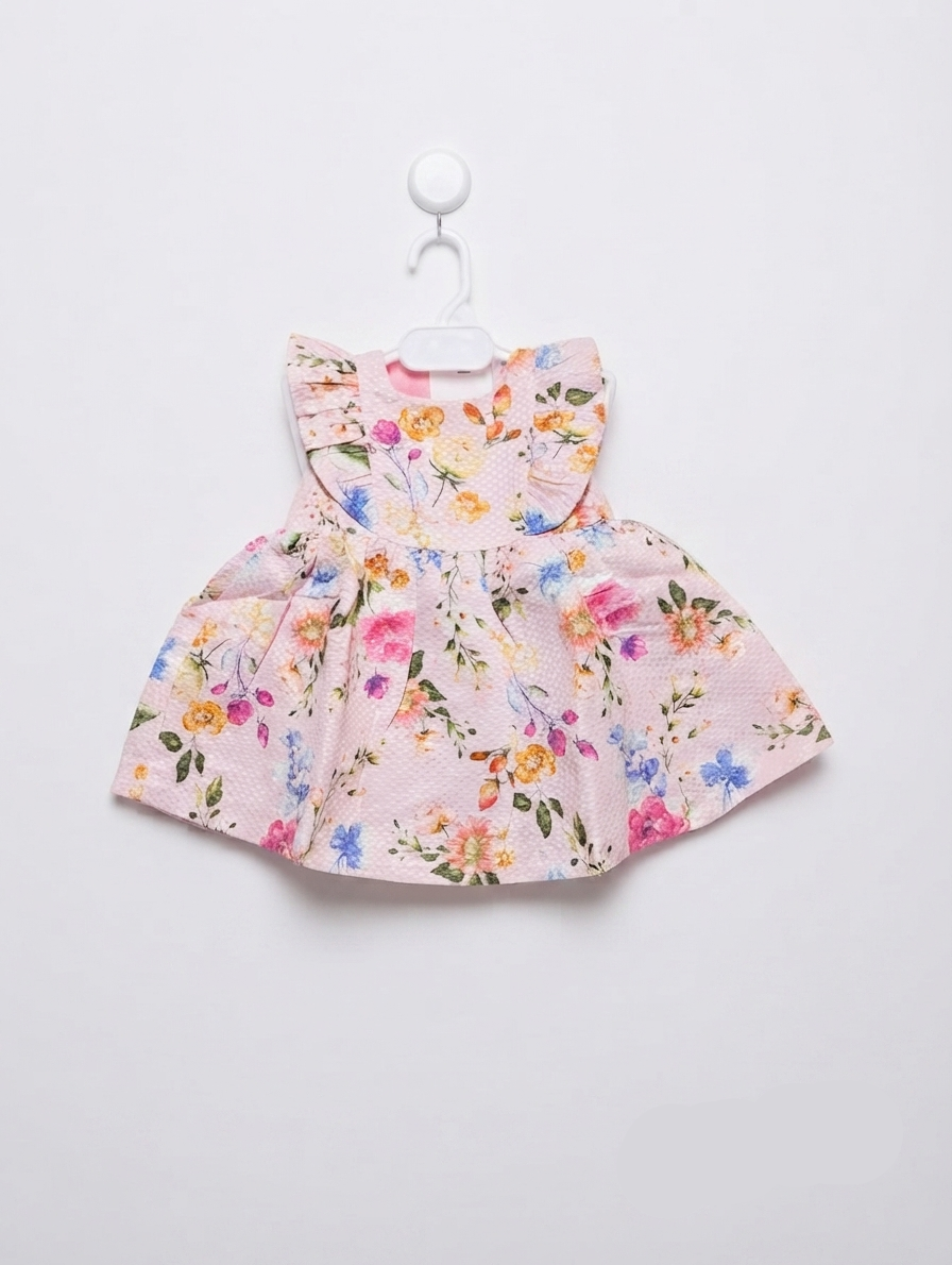 Nannette Baby Girls Pink Floral Print Seersucker Dress - Size Estimated Age 3-6 Months AB2