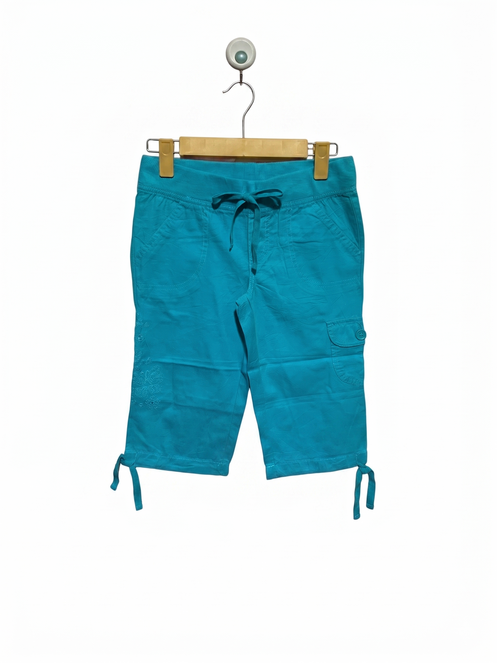 SO Girls Vibrant Turquoise Cotton Capri Cargo Pants with Floral Embroidery - Size Estimated Age 10 Years AB1