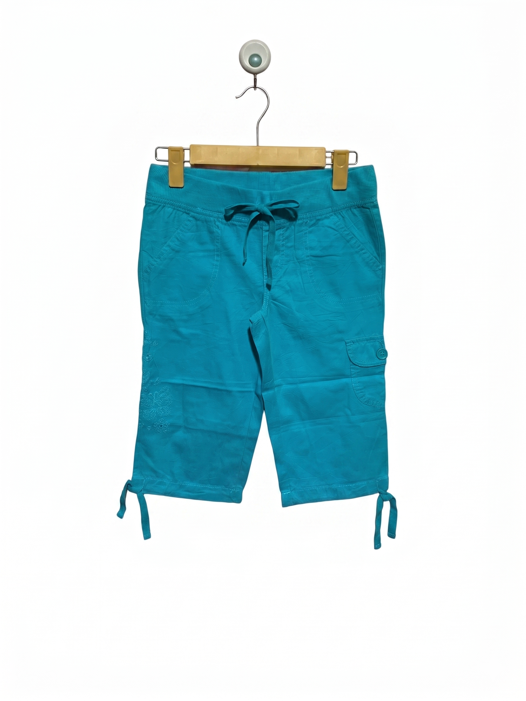 SO Girls Vibrant Turquoise Cotton Capri Cargo Pants with Floral Embroidery - Size Estimated Age 10 Years AB1