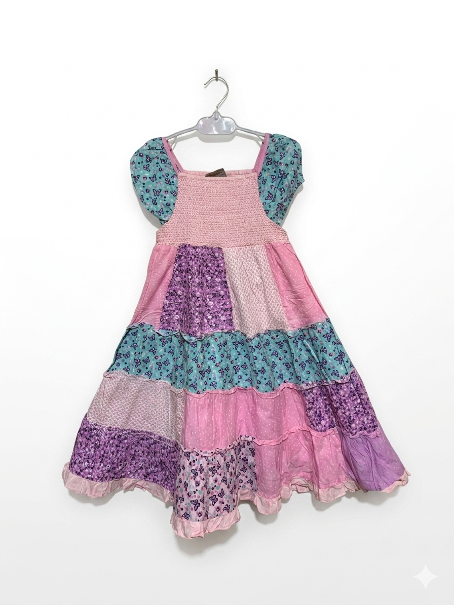 Topolino Girls Pink & Purple Patchwork Smocked Tiered Dress - Size Estimated Age 7 Years AB1