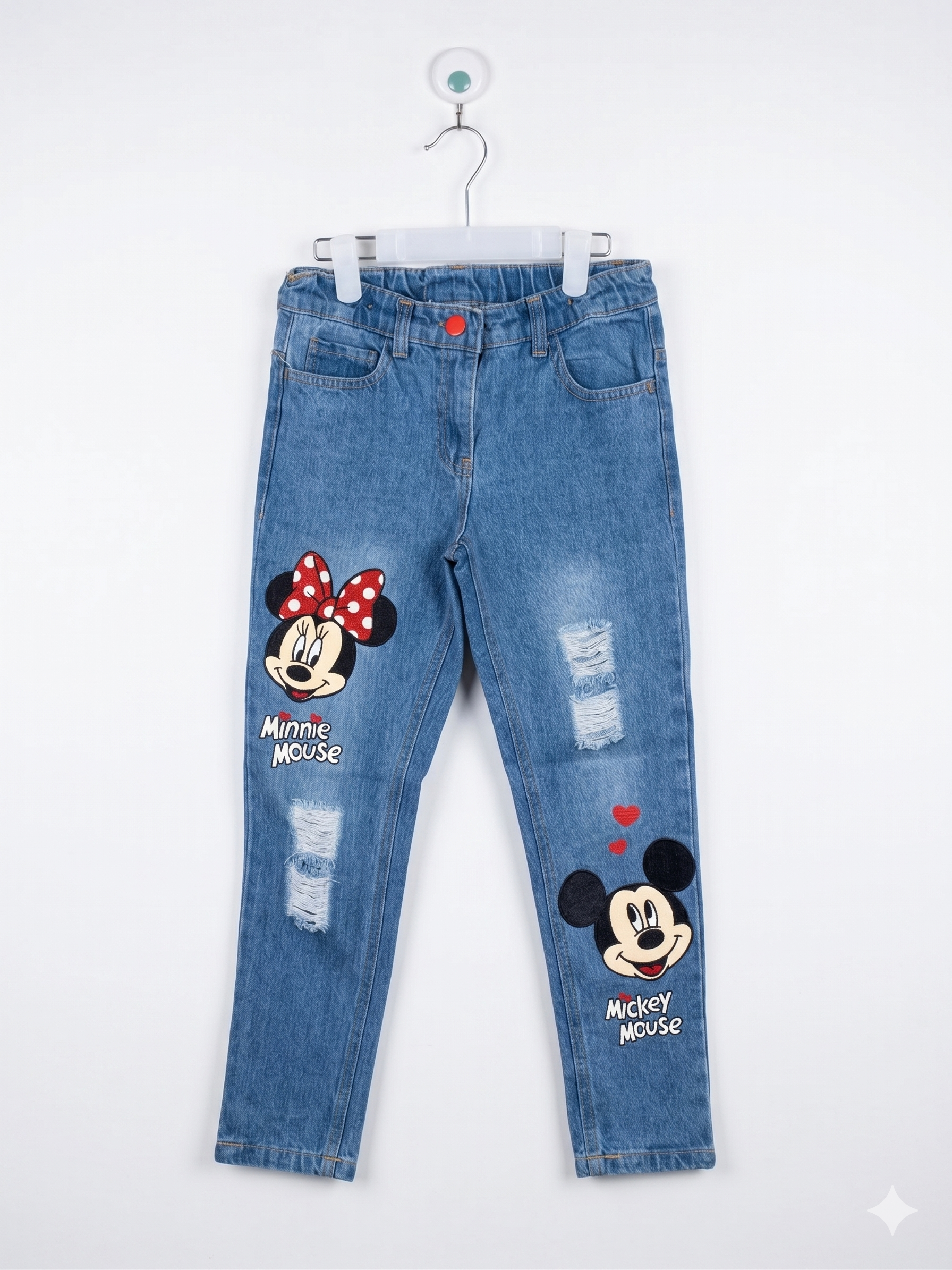 Disney Mickey & Friends Kids Distressed "Mickey & Minnie" Denim Jeans - Size 120 Estimated Age 6-7Y AB1