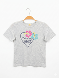 Kids Girls Heather Grey "Take My Heart" Tropical Floral Graphic Tee - Size Estimated Age 9-10 Years AB1