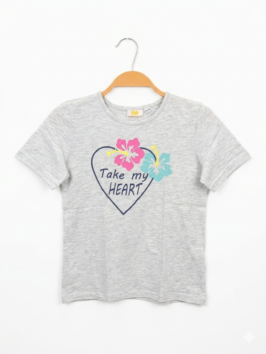 Kids Girls Heather Grey "Take My Heart" Tropical Floral Graphic Tee - Size Estimated Age 9-10 Years AB1