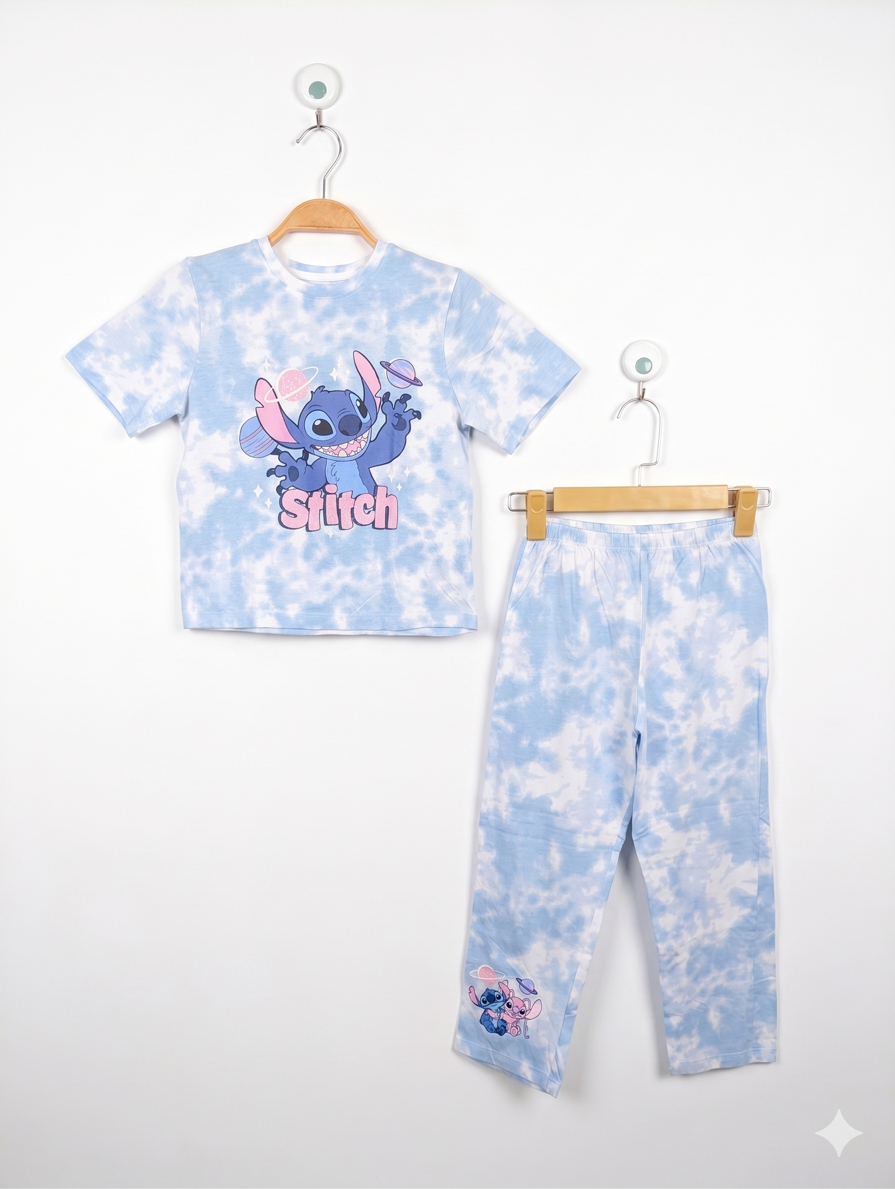 Primark Girls Blue Tie-Dye Disney "Stitch" Short Sleeve Pajama Set - Size Estimated Age 6-7 Years AB1