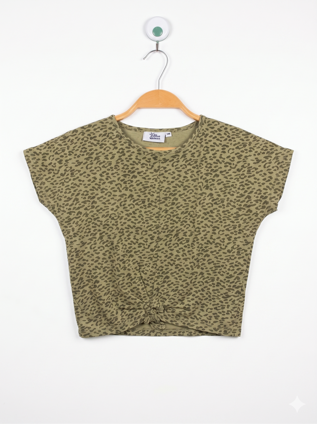 Blue Queen Girls Olive Leopard Print Knotted Front Crop Tee - Size 140 (Estimated Age 9-10Y) AB1