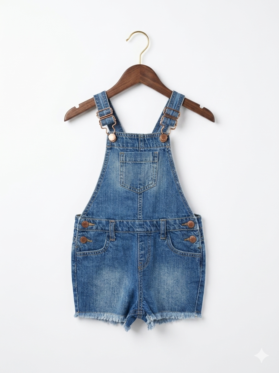 Denim Co. Girls' Frayed Hem Denim Short Dungarees - Size 4-5 Years AB1