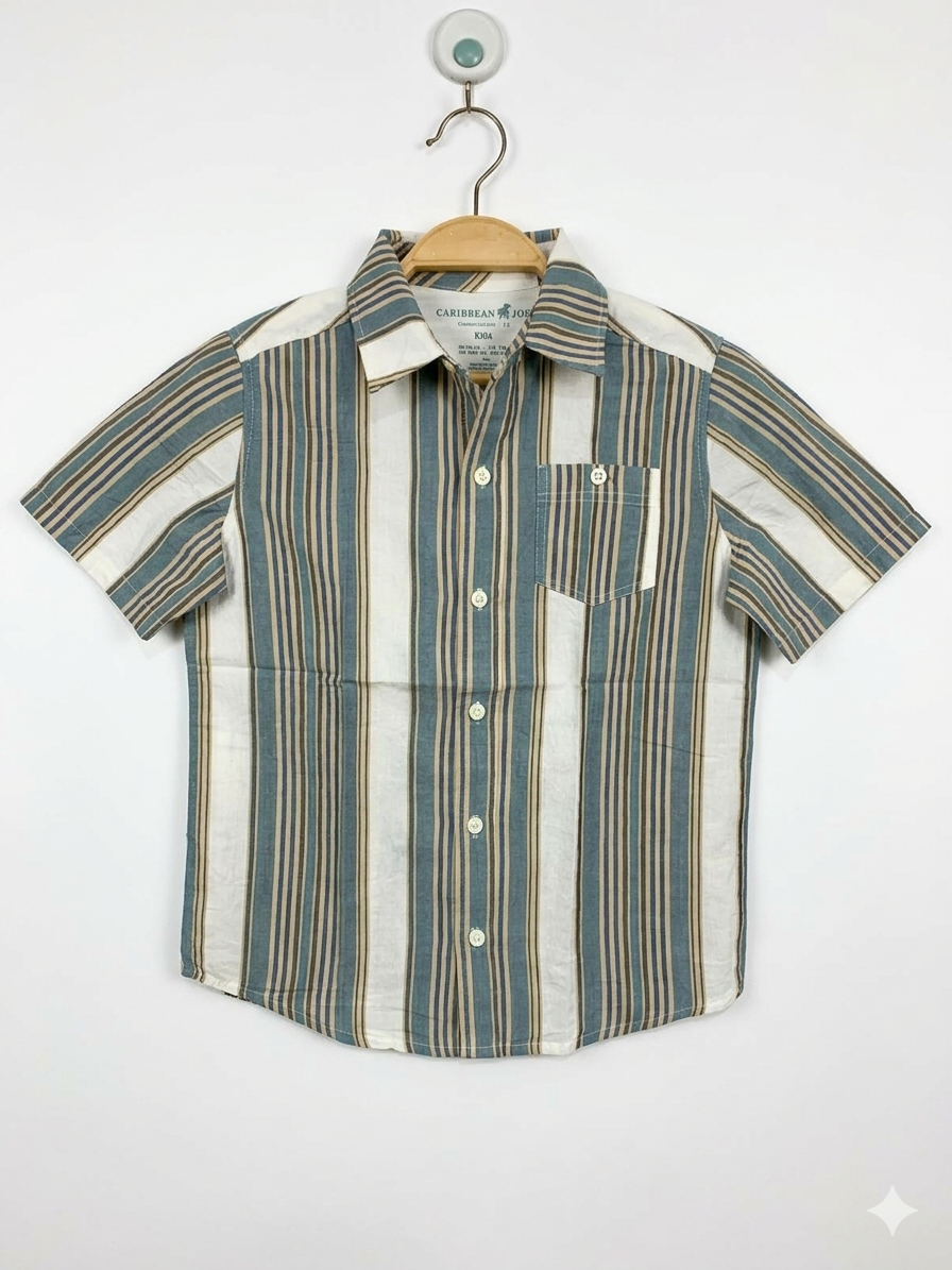 Caribbean Joe Boys Blue and Tan Striped Short-Sleeve Button-Down Shirt - Size 7/8 (Age 7-8yrs) AB1