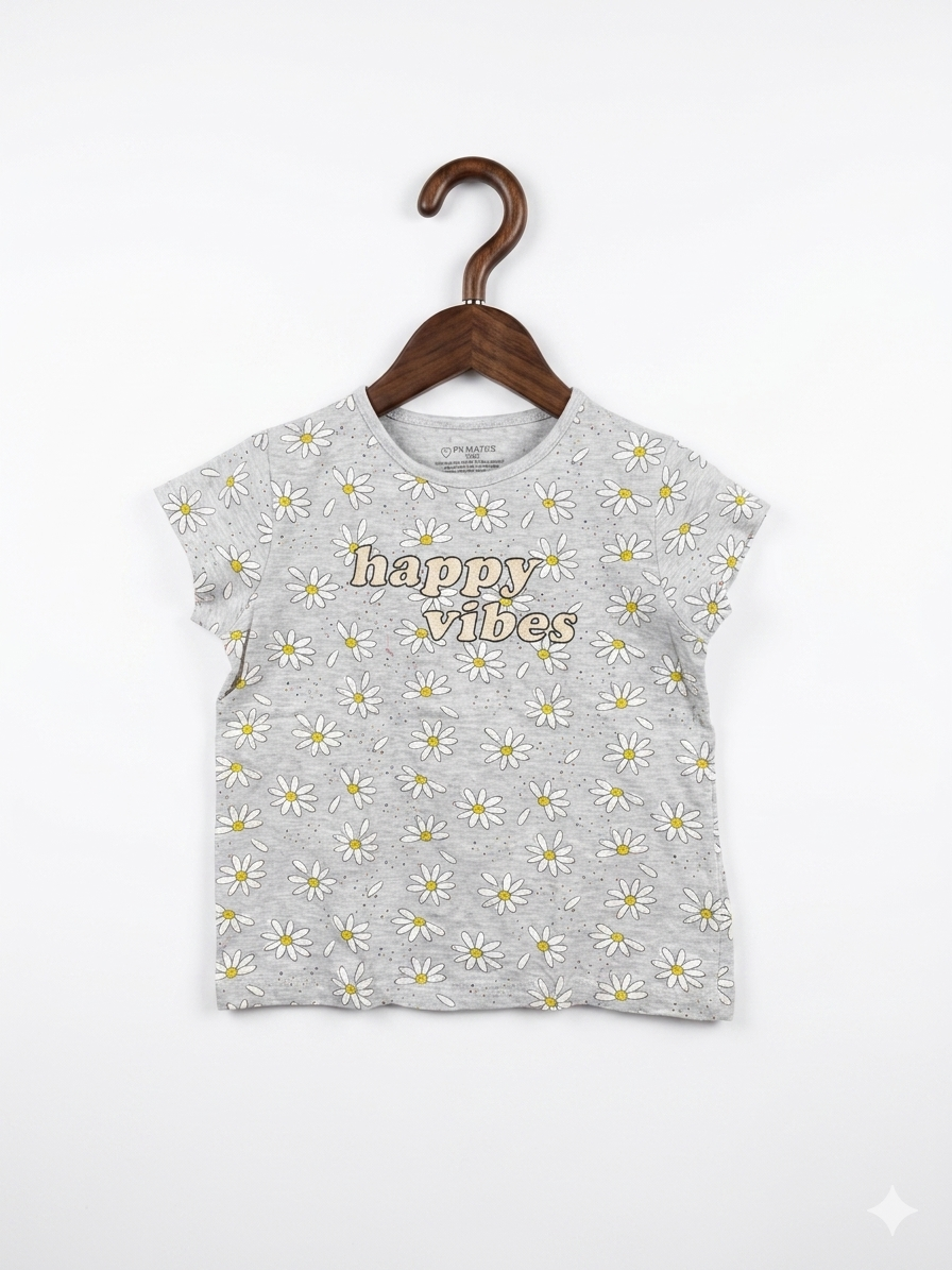 Primark Cares Girls' Grey "Happy Vibes" Daisy Print T-Shirt - Size 4-5 Years AB1