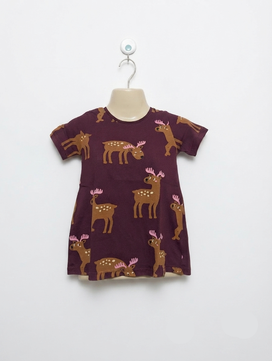 LINDEX Girls Plum Purple "Reindeer" Short Sleeve Dress - Size 98 Estimated Age 2-3 Years AB2