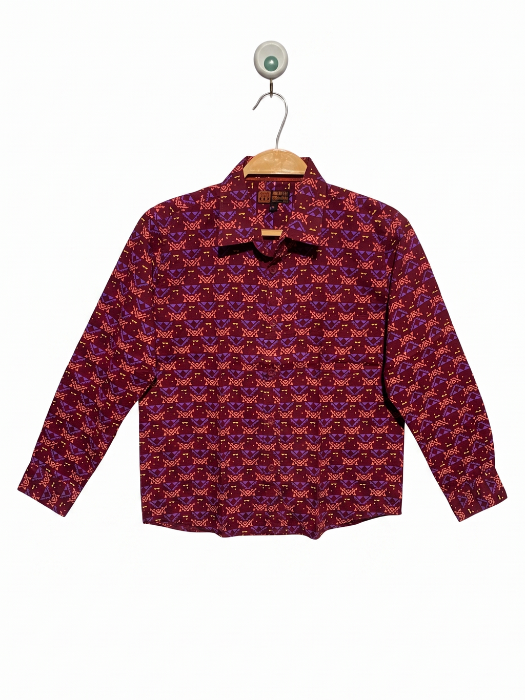 Aarong Boys Maroon Ethnic Geometric Print Long Sleeve Button-Down Shirt - Size Estimated Age 8-9 Years AB1