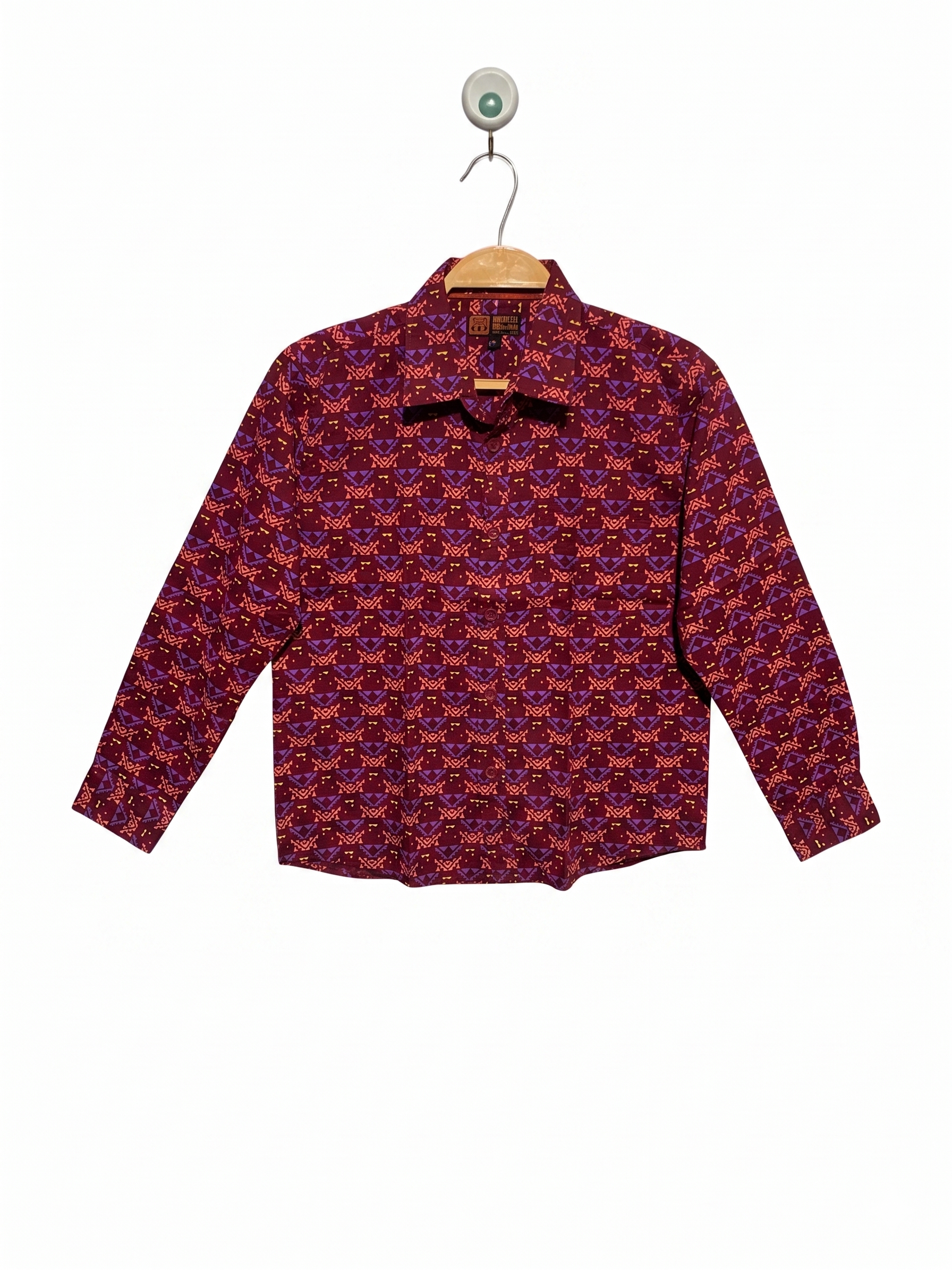 Aarong Boys Maroon Ethnic Geometric Print Long Sleeve Button-Down Shirt - Size Estimated Age 8-9 Years AB1