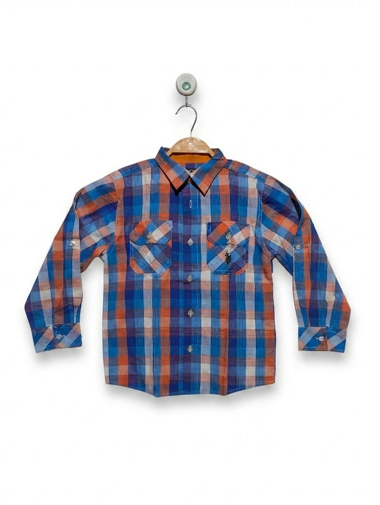U.S. POLO ASSN. Boys Blue and Orange Plaid Long Sleeve Button-Down Shirt - Size 7, Estimated Age 7 Years AB2